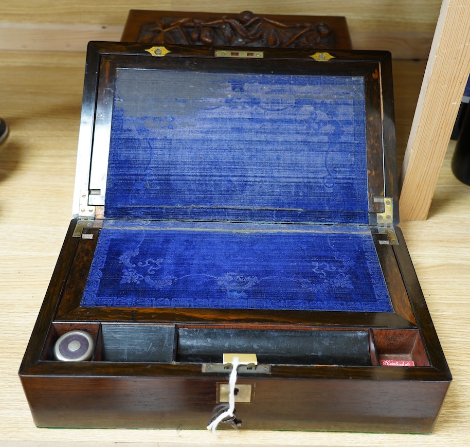 A Victorian carved walnut 'strawberry' box and a rosewood writing slope, largest 40cm wide. Condition - fair